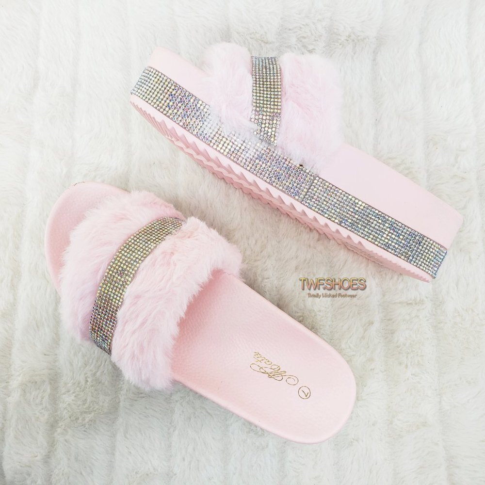 Furry Rhinestone Comfy platform sandals 👡 😍 Baby Pink Blush Faux Fur